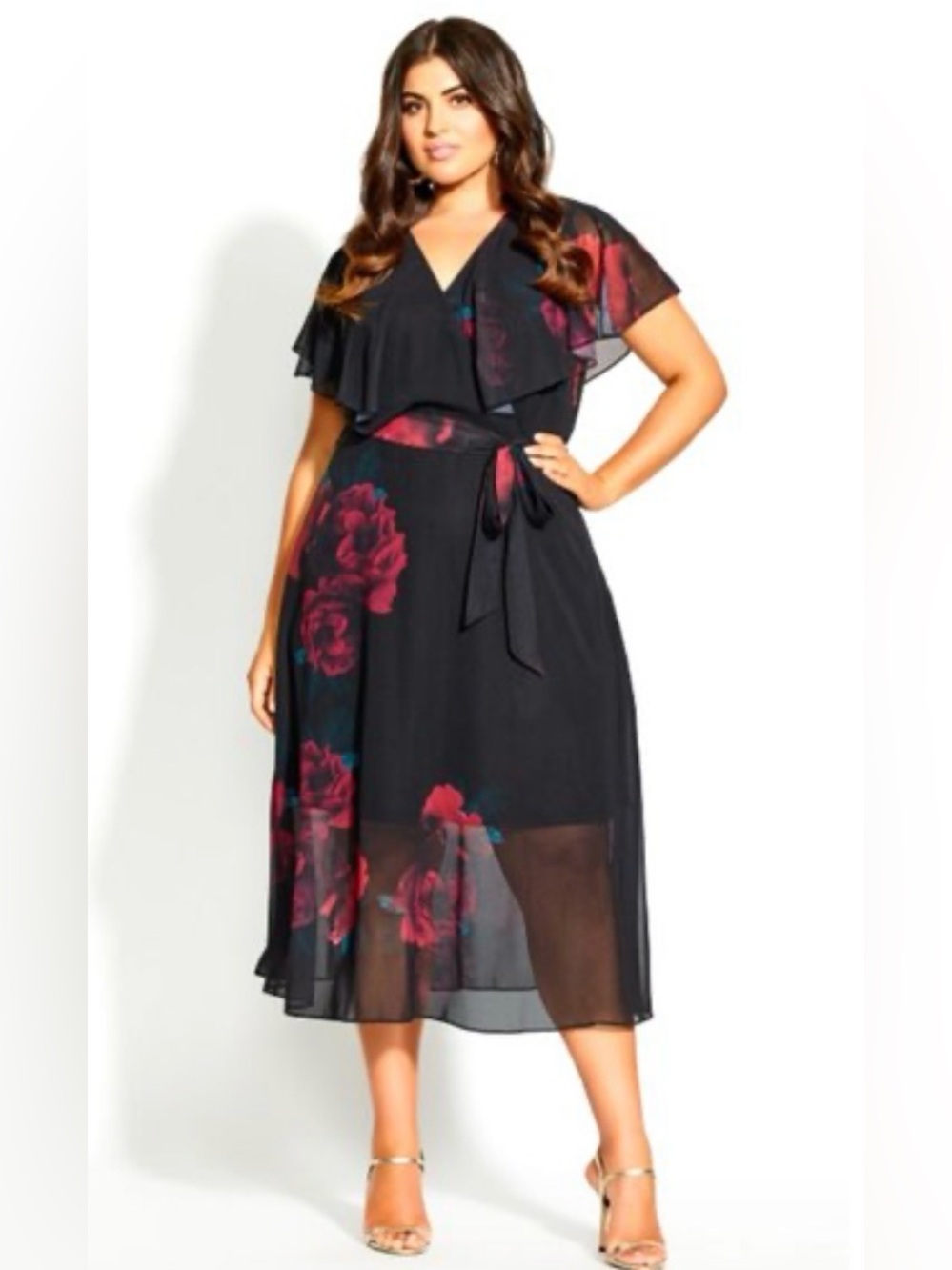 City Chic Black Midi Wrap Dress with Red Roses Print. Size XL